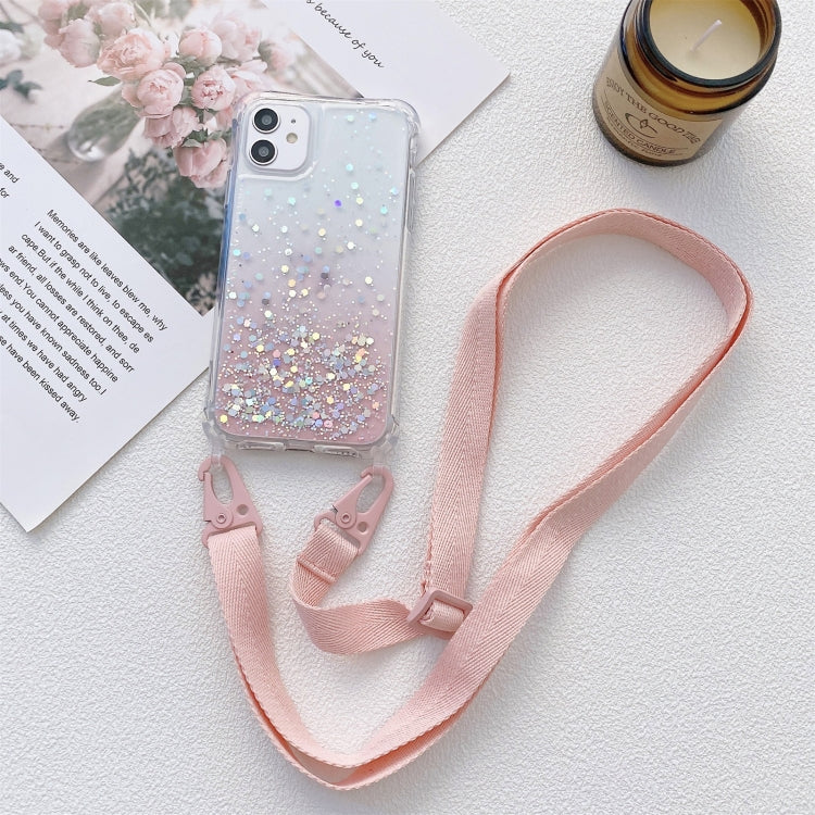 Gradient Glitter Powder Epoxy TPU Thickened Acrylic Shockproof Case with Wide Neck Lanyard, For iPhone 13, For iPhone 13 Pro, For iPhone 13 Pro Max, For iPhone 12 / 12 Pro, For iPhone 12 Pro Max, For iPhone 11, For iPhone 11 Pro, For iPhone 11 Pro Max