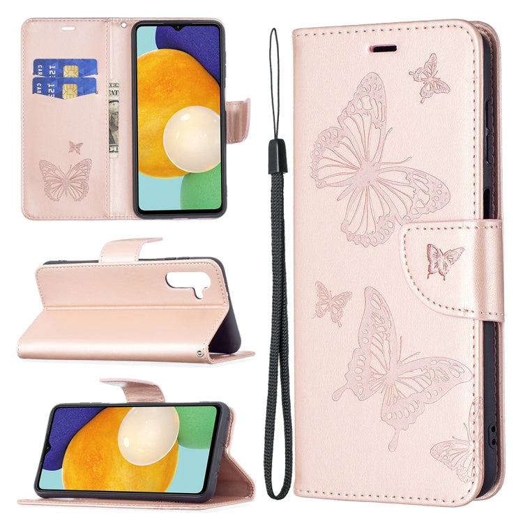 Embossing Two Butterflies Pattern Leather Phone Case with Holder & Card Slot & Wallet & Lanyard, For Samsung Galaxy A13 5G, For Samsung Galaxy S22 Ultra 5G, For Samsung Galaxy S22+ 5G, For Samsung Galaxy S22 5G