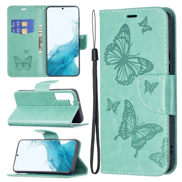 Embossing Two Butterflies Pattern Leather Phone Case with Holder & Card Slot & Wallet & Lanyard, For Samsung Galaxy A13 5G, For Samsung Galaxy S22 Ultra 5G, For Samsung Galaxy S22+ 5G, For Samsung Galaxy S22 5G