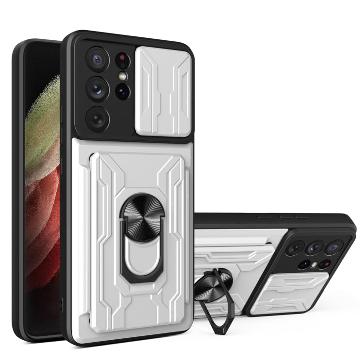 Camera Cover Phone Case with Card Slot & Holder, For Samsung Galaxy A02 / M02, For Samsung Galaxy A02s EU Version, For Samsung Galaxy A32, For Samsung Galaxy S20 FE, For Samsung Galaxy S20+, For Samsung Galaxy S21 Ultra 5G