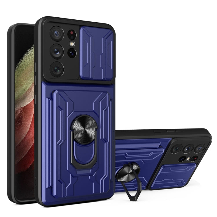 Camera Cover Phone Case with Card Slot & Holder, For Samsung Galaxy A02 / M02, For Samsung Galaxy A02s EU Version, For Samsung Galaxy A32, For Samsung Galaxy S20 FE, For Samsung Galaxy S20+, For Samsung Galaxy S21 Ultra 5G