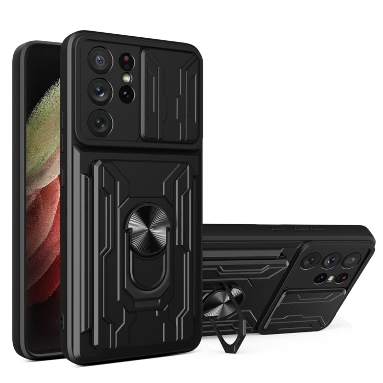 Camera Cover Phone Case with Card Slot & Holder, For Samsung Galaxy A02 / M02, For Samsung Galaxy A02s EU Version, For Samsung Galaxy A32, For Samsung Galaxy S20 FE, For Samsung Galaxy S20+, For Samsung Galaxy S21 Ultra 5G