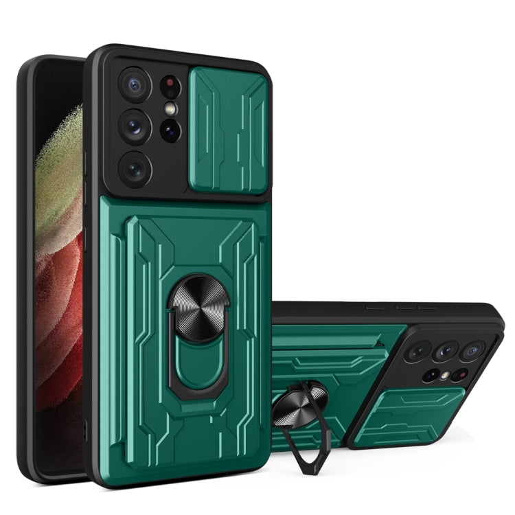 Camera Cover Phone Case with Card Slot & Holder, For Samsung Galaxy A02 / M02, For Samsung Galaxy A02s EU Version, For Samsung Galaxy A32, For Samsung Galaxy S20 FE, For Samsung Galaxy S20+, For Samsung Galaxy S21 Ultra 5G