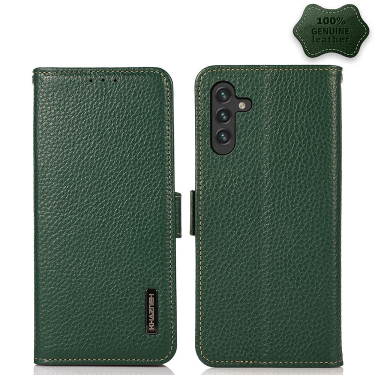 KHAZNEH Side-Magnetic Litchi Genuine Leather RFID Phone Case, For Samsung Galaxy S21 Ultra 5G, For Samsung Galaxy S22+ 5G, For Samsung Galaxy S22 5G, For Samsung Galaxy S22 Ultra 5G, For Samsung Galaxy Xcover 5, For Samsung Galaxy A03 164mm Version    ...