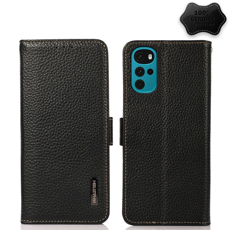 KHAZNEH Side-Magnetic Litchi Genuine Leather RFID Phone Case, For Motorola Moto G22