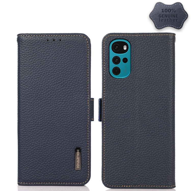 KHAZNEH Side-Magnetic Litchi Genuine Leather RFID Phone Case, For Motorola Moto G22