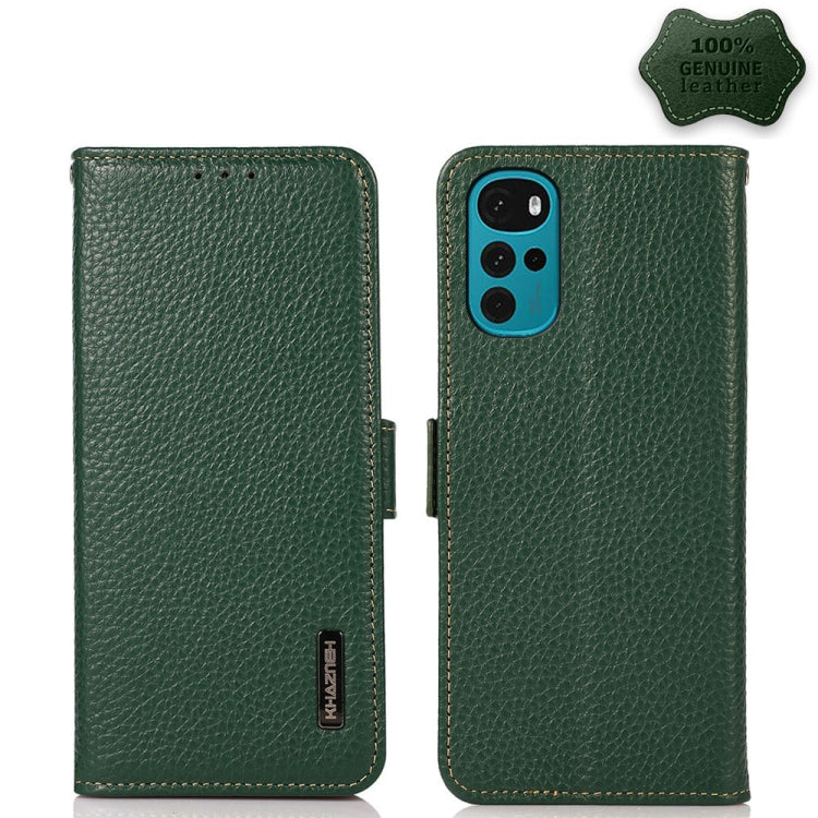 KHAZNEH Side-Magnetic Litchi Genuine Leather RFID Phone Case, For Motorola Moto G22