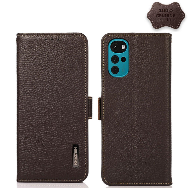 KHAZNEH Side-Magnetic Litchi Genuine Leather RFID Phone Case, For Motorola Moto G22
