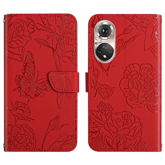 Skin Feel Butterfly Peony Embossed Leather Phone Case, For Huawei P50, For Huawei P50 Pro