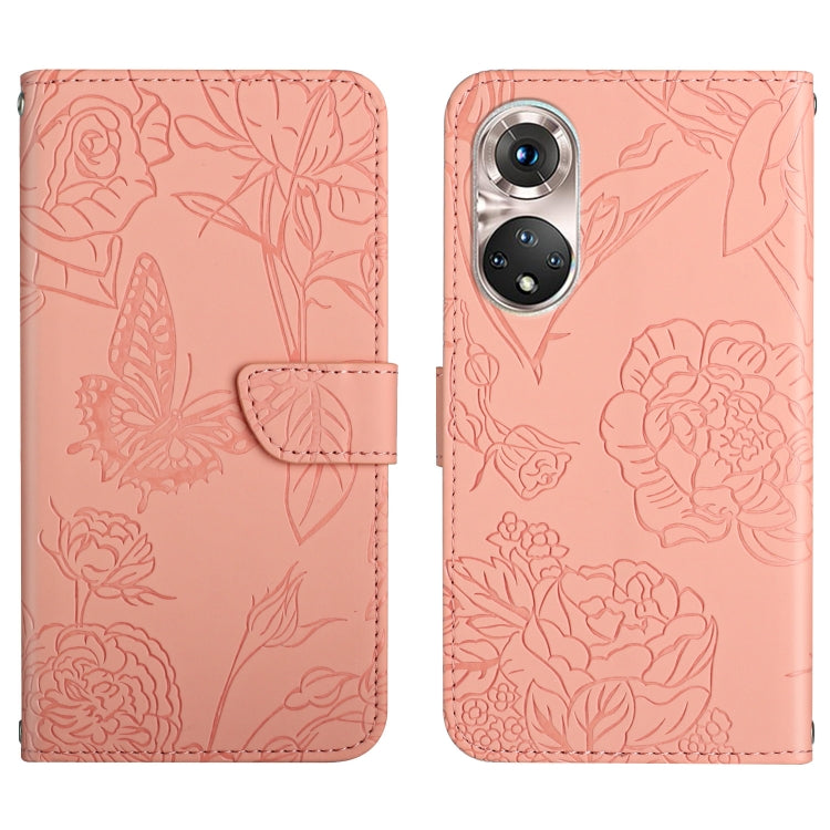 Skin Feel Butterfly Peony Embossed Leather Phone Case, For Huawei P50, For Huawei P50 Pro