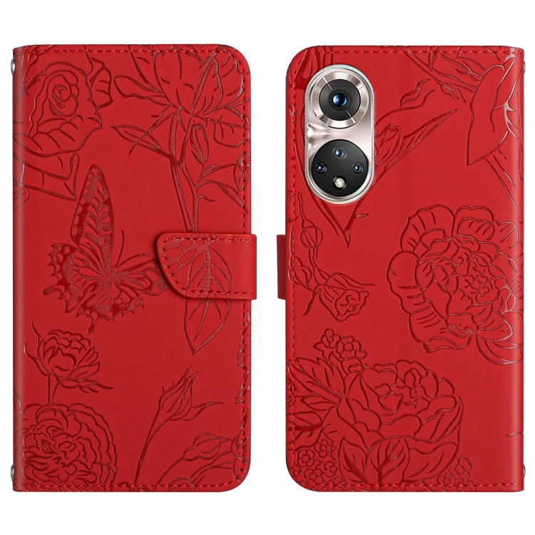 Skin Feel Butterfly Peony Embossed Leather Phone Case, For Huawei P50, For Huawei P50 Pro
