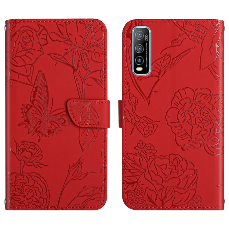 Skin Feel Butterfly Peony Embossed Leather Phone Case, For vivo Y70s, For vivo Y72 5G