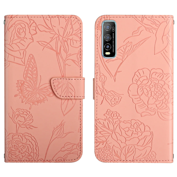 Skin Feel Butterfly Peony Embossed Leather Phone Case, For vivo Y70s, For vivo Y72 5G