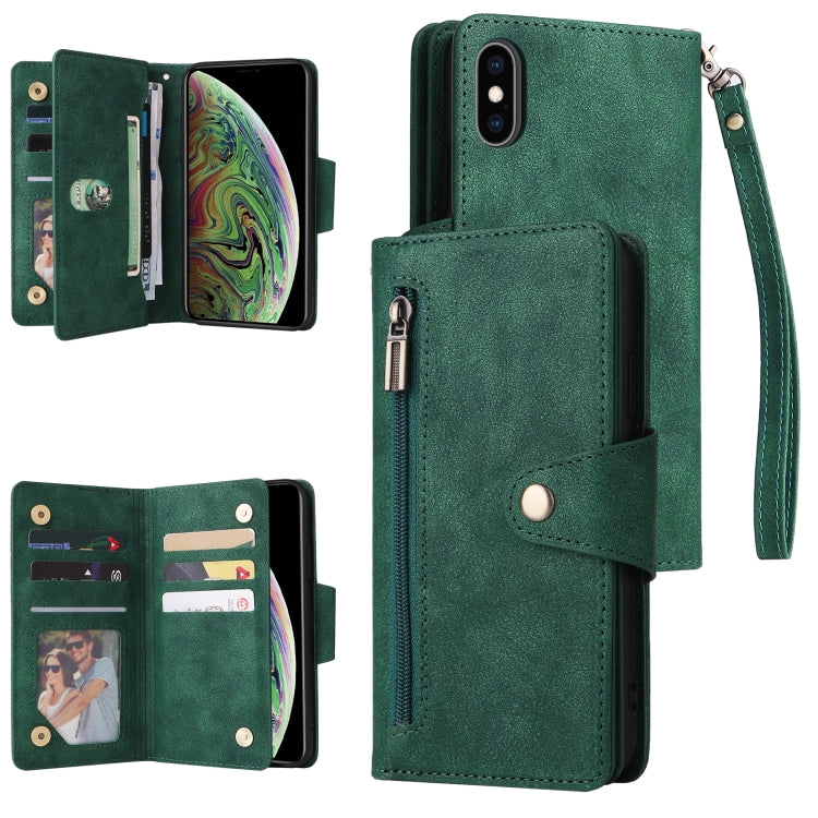 Rivet Buckle 9 Cards Three Fold Leather Phone Case, For iPhone XR, For iPhone XS Max, For iPhone 11 Pro Max, For iPhone 13 Pro, For iPhone 13 Pro Max