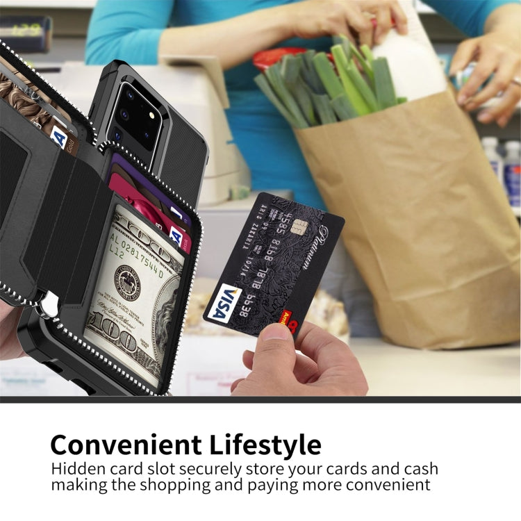 Zipper Wallet Card Bag PU Back Phone Case, For Samsung Galaxy S20, For Samsung Galaxy S20+, For Samsung Galaxy S20 Ultra, For Samsung Galaxy Note10