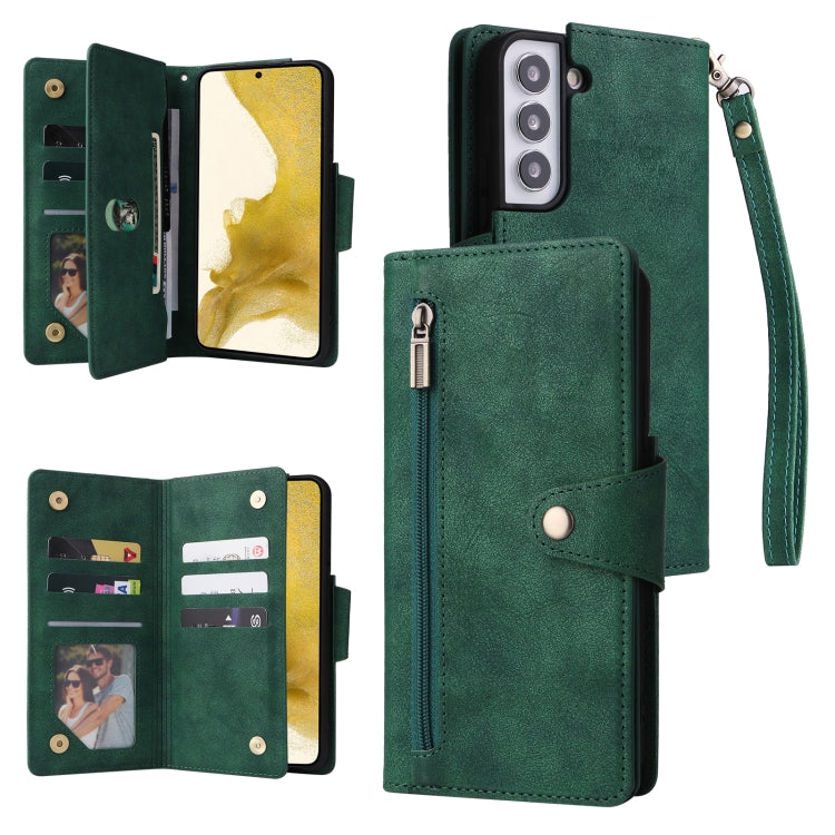 Rivet Buckle 9 Cards Three Fold Leather Phone Case, For Samsung Galaxy S22+, For Samsung Galaxy S22 Ultra 5G, For Samsung Galaxy A02, For Samsung Galaxy A03S 166mm, For Samsung Galaxy A10, For Samsung Galaxy A10s, For Samsung Galaxy A11 EU Version     ...