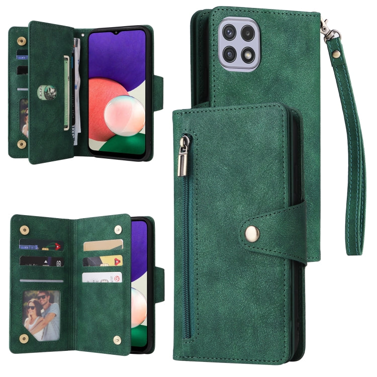 Rivet Buckle 9 Cards Three Fold Leather Phone Case, For Samsung Galaxy A20, For Samsung Galaxy A20E, For Samsung Galaxy A20S, For Samsung Galaxy A21 EU Version, For Samsung Galaxy A21S, For Samsung Galaxy A22 4G, For Samsung Galaxy A22 5G              ...