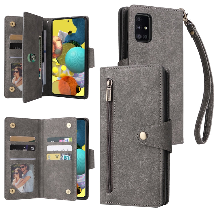 Rivet Buckle 9 Cards Three Fold Leather Phone Case, For Samsung Galaxy A40, For Samsung Galaxy A42 5G, For Samsung Galaxy A51, For Samsung Galaxy A51 5G, For Samsung Galaxy A52 5G, For Samsung Galaxy A70/A70S, For Samsung Galaxy A71                    ...