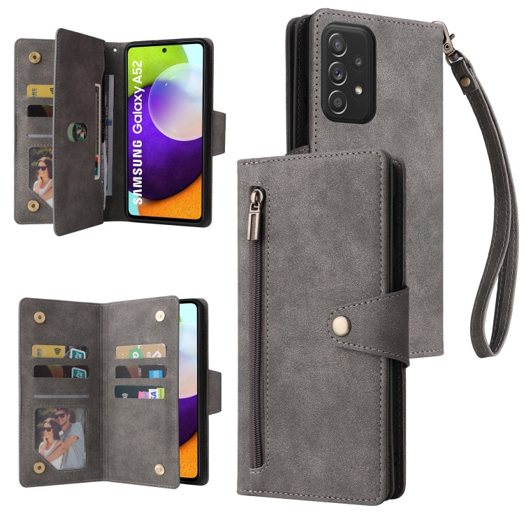 Rivet Buckle 9 Cards Three Fold Leather Phone Case, For Samsung Galaxy A40, For Samsung Galaxy A42 5G, For Samsung Galaxy A51, For Samsung Galaxy A51 5G, For Samsung Galaxy A52 5G, For Samsung Galaxy A70/A70S, For Samsung Galaxy A71                    ...