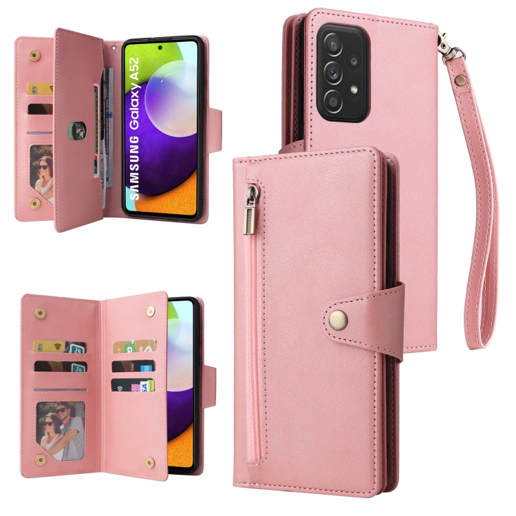 Rivet Buckle 9 Cards Three Fold Leather Phone Case, For Samsung Galaxy A40, For Samsung Galaxy A42 5G, For Samsung Galaxy A51, For Samsung Galaxy A51 5G, For Samsung Galaxy A52 5G, For Samsung Galaxy A70/A70S, For Samsung Galaxy A71                    ...
