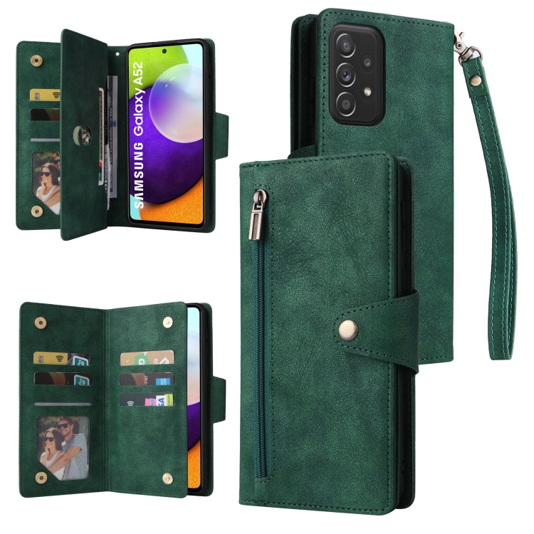 Rivet Buckle 9 Cards Three Fold Leather Phone Case, For Samsung Galaxy A40, For Samsung Galaxy A42 5G, For Samsung Galaxy A51, For Samsung Galaxy A51 5G, For Samsung Galaxy A52 5G, For Samsung Galaxy A70/A70S, For Samsung Galaxy A71                    ...