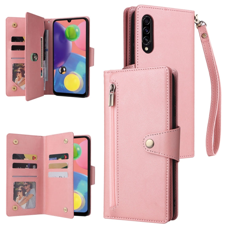 Rivet Buckle 9 Cards Three Fold Leather Phone Case, For Samsung Galaxy A40, For Samsung Galaxy A42 5G, For Samsung Galaxy A51, For Samsung Galaxy A51 5G, For Samsung Galaxy A52 5G, For Samsung Galaxy A70/A70S, For Samsung Galaxy A71                    ...