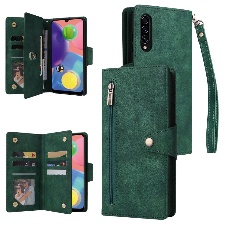 Rivet Buckle 9 Cards Three Fold Leather Phone Case, For Samsung Galaxy A40, For Samsung Galaxy A42 5G, For Samsung Galaxy A51, For Samsung Galaxy A51 5G, For Samsung Galaxy A52 5G, For Samsung Galaxy A70/A70S, For Samsung Galaxy A71                    ...
