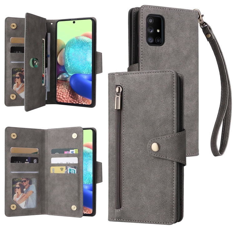 Rivet Buckle 9 Cards Three Fold Leather Phone Case, For Samsung Galaxy A40, For Samsung Galaxy A42 5G, For Samsung Galaxy A51, For Samsung Galaxy A51 5G, For Samsung Galaxy A52 5G, For Samsung Galaxy A70/A70S, For Samsung Galaxy A71                    ...