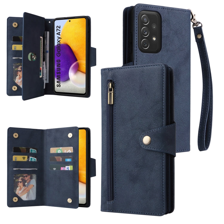 Rivet Buckle 9 Cards Three Fold Leather Phone Case, For Samsung Galaxy A40, For Samsung Galaxy A42 5G, For Samsung Galaxy A51, For Samsung Galaxy A51 5G, For Samsung Galaxy A52 5G, For Samsung Galaxy A70/A70S, For Samsung Galaxy A71                    ...