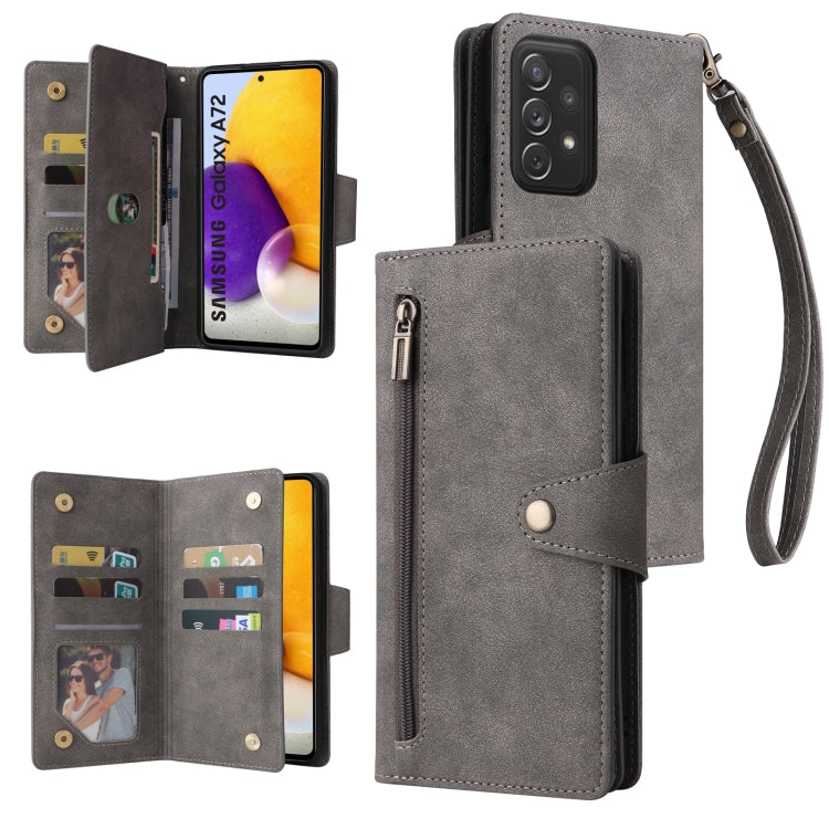 Rivet Buckle 9 Cards Three Fold Leather Phone Case, For Samsung Galaxy A40, For Samsung Galaxy A42 5G, For Samsung Galaxy A51, For Samsung Galaxy A51 5G, For Samsung Galaxy A52 5G, For Samsung Galaxy A70/A70S, For Samsung Galaxy A71                    ...