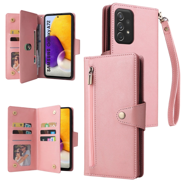 Rivet Buckle 9 Cards Three Fold Leather Phone Case, For Samsung Galaxy A40, For Samsung Galaxy A42 5G, For Samsung Galaxy A51, For Samsung Galaxy A51 5G, For Samsung Galaxy A52 5G, For Samsung Galaxy A70/A70S, For Samsung Galaxy A71                    ...
