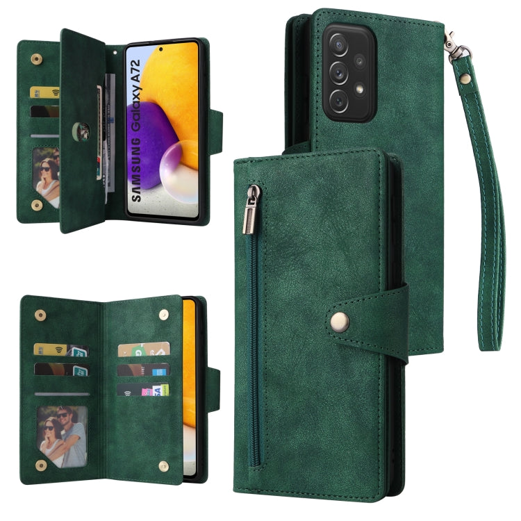 Rivet Buckle 9 Cards Three Fold Leather Phone Case, For Samsung Galaxy A40, For Samsung Galaxy A42 5G, For Samsung Galaxy A51, For Samsung Galaxy A51 5G, For Samsung Galaxy A52 5G, For Samsung Galaxy A70/A70S, For Samsung Galaxy A71                    ...