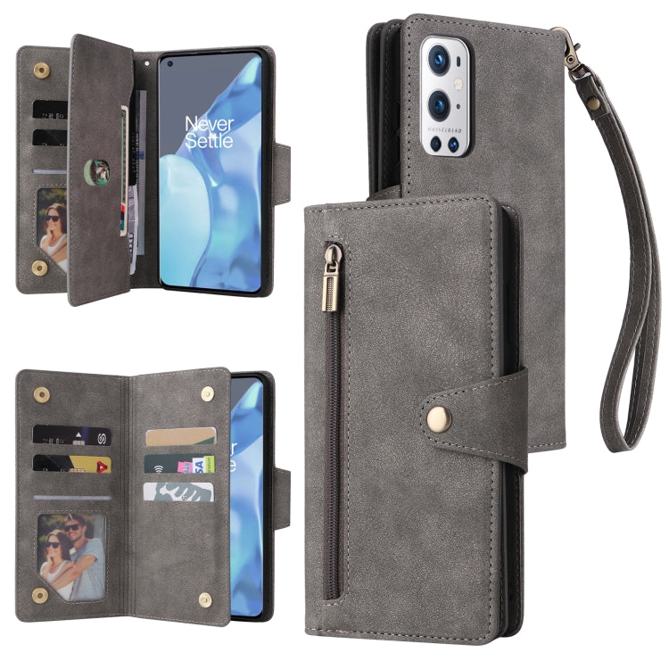 Rivet Buckle 9 Cards Three Fold Leather Phone Case, For OnePlus 9 Pro, For OnePlus Nord 2