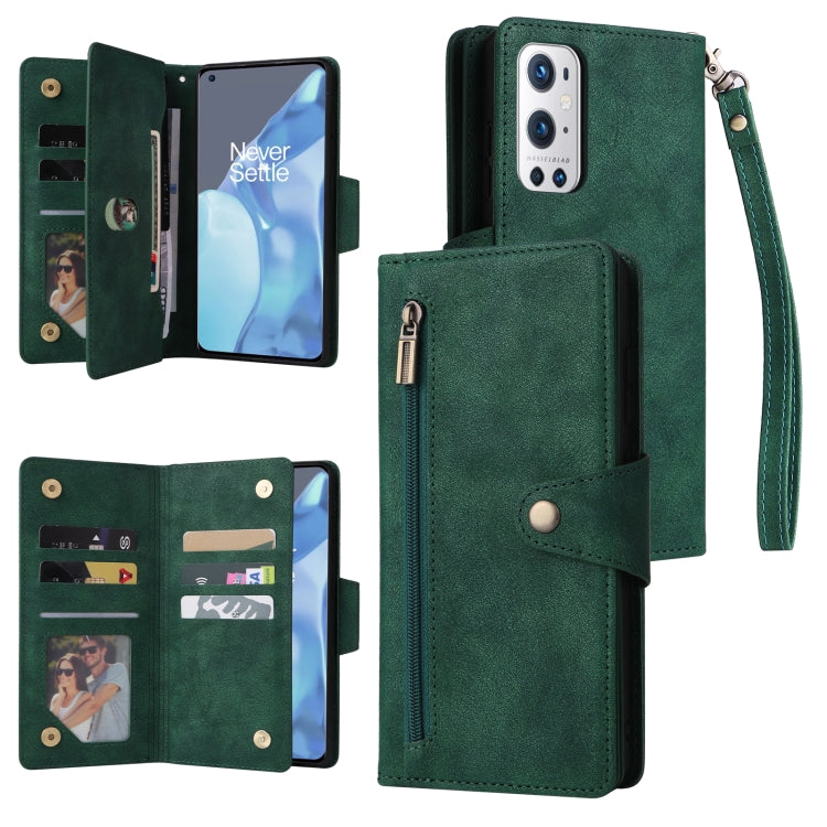 Rivet Buckle 9 Cards Three Fold Leather Phone Case, For OnePlus 9 Pro, For OnePlus Nord 2