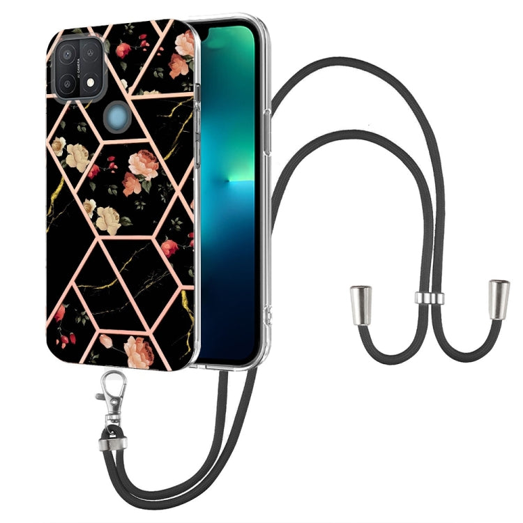 Splicing Marble Flower Pattern TPU Phone Case with Lanyard, For OPPO A15 / A15s, For OPPO A53s 5G / A55 5G / A54 4G / A16, For OPPO A74 5G / A93 5G / A54 5G / A93s 5G, For OPPO A94 5G / A95 5G, For OPPO Realme 8i, For OPPO Realme C21Y, For OPPO Reno6 5...