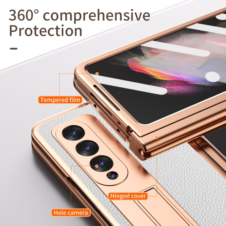 Litchi Texture Leather Hinged Electroplated Phone Case with S Pen Fold Edition & Protective Film, For Samsung Galaxy Z Fold3 5G
