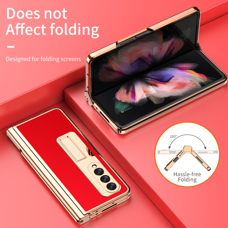 Litchi Texture Leather Hinged Electroplated Phone Case with S Pen Fold Edition & Protective Film, For Samsung Galaxy Z Fold3 5G