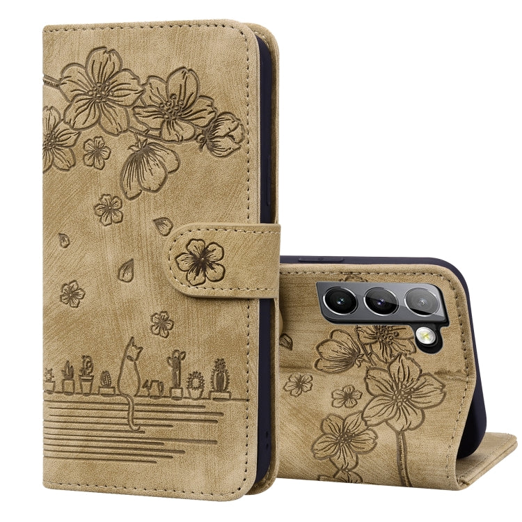Cartoon Sakura Cat Embossed Leather Phone Case, For Samsung Galaxy S22 5G, For Samsung Galaxy S22+ 5G, For Samsung Galaxy S22 Ultra 5G, For Samsung Galaxy S21 5G, For Samsung Galaxy S21+ 5G, For Samsung Galaxy S21 Ultra 5G                              ...