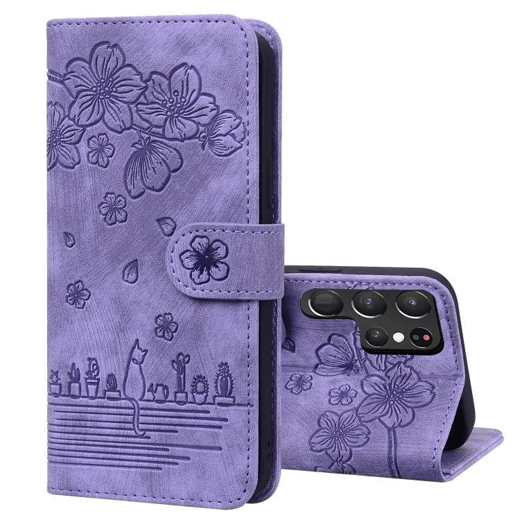 Cartoon Sakura Cat Embossed Leather Phone Case, For Samsung Galaxy S22 5G, For Samsung Galaxy S22+ 5G, For Samsung Galaxy S22 Ultra 5G, For Samsung Galaxy S21 5G, For Samsung Galaxy S21+ 5G, For Samsung Galaxy S21 Ultra 5G                              ...