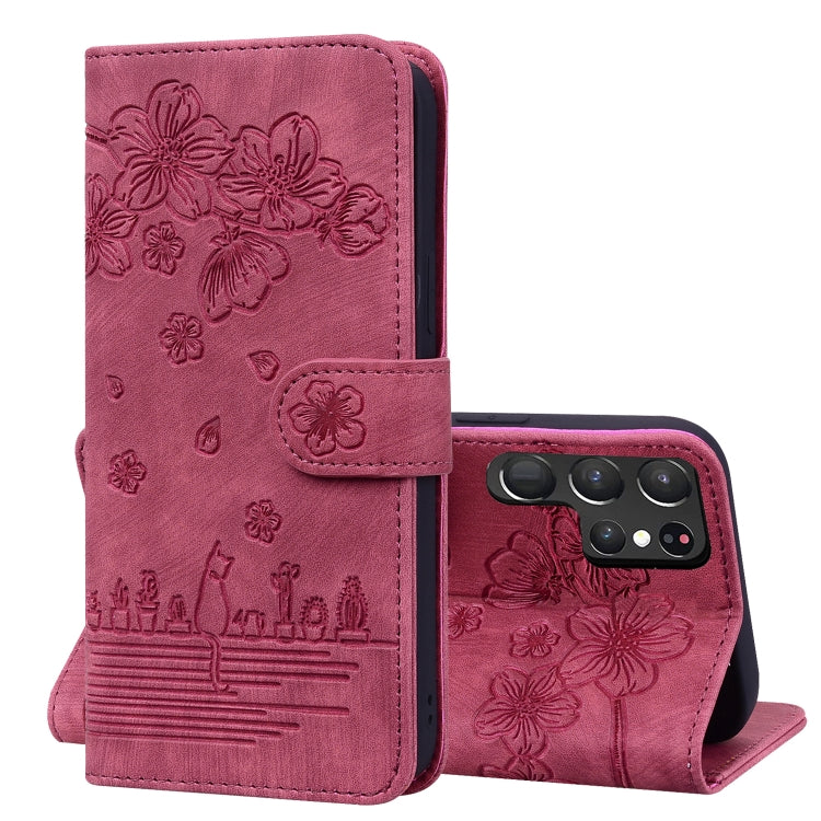 Cartoon Sakura Cat Embossed Leather Phone Case, For Samsung Galaxy S22 5G, For Samsung Galaxy S22+ 5G, For Samsung Galaxy S22 Ultra 5G, For Samsung Galaxy S21 5G, For Samsung Galaxy S21+ 5G, For Samsung Galaxy S21 Ultra 5G                              ...