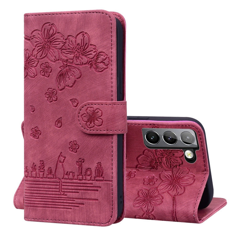Cartoon Sakura Cat Embossed Leather Phone Case, For Samsung Galaxy S22 5G, For Samsung Galaxy S22+ 5G, For Samsung Galaxy S22 Ultra 5G, For Samsung Galaxy S21 5G, For Samsung Galaxy S21+ 5G, For Samsung Galaxy S21 Ultra 5G                              ...