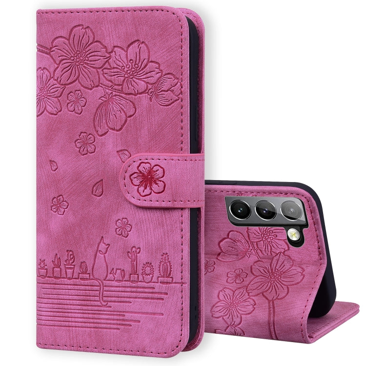 Cartoon Sakura Cat Embossed Leather Phone Case, For Samsung Galaxy S22 5G, For Samsung Galaxy S22+ 5G, For Samsung Galaxy S22 Ultra 5G, For Samsung Galaxy S21 5G, For Samsung Galaxy S21+ 5G, For Samsung Galaxy S21 Ultra 5G                              ...