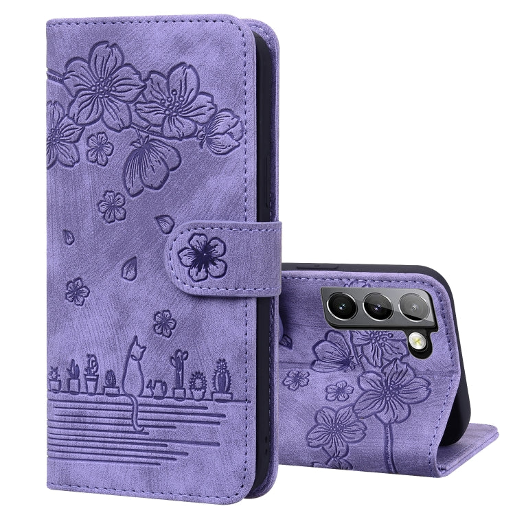 Cartoon Sakura Cat Embossed Leather Phone Case, For Samsung Galaxy S22 5G, For Samsung Galaxy S22+ 5G, For Samsung Galaxy S22 Ultra 5G, For Samsung Galaxy S21 5G, For Samsung Galaxy S21+ 5G, For Samsung Galaxy S21 Ultra 5G                              ...
