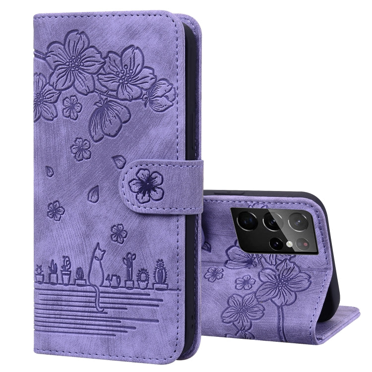 Cartoon Sakura Cat Embossed Leather Phone Case, For Samsung Galaxy S22 5G, For Samsung Galaxy S22+ 5G, For Samsung Galaxy S22 Ultra 5G, For Samsung Galaxy S21 5G, For Samsung Galaxy S21+ 5G, For Samsung Galaxy S21 Ultra 5G                              ...
