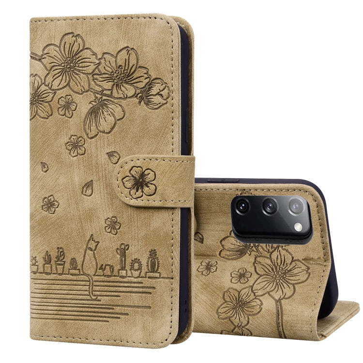 Cartoon Sakura Cat Embossed Leather Phone Case, For Samsung Galaxy S22 5G, For Samsung Galaxy S22+ 5G, For Samsung Galaxy S22 Ultra 5G, For Samsung Galaxy S21 5G, For Samsung Galaxy S21+ 5G, For Samsung Galaxy S21 Ultra 5G                              ...
