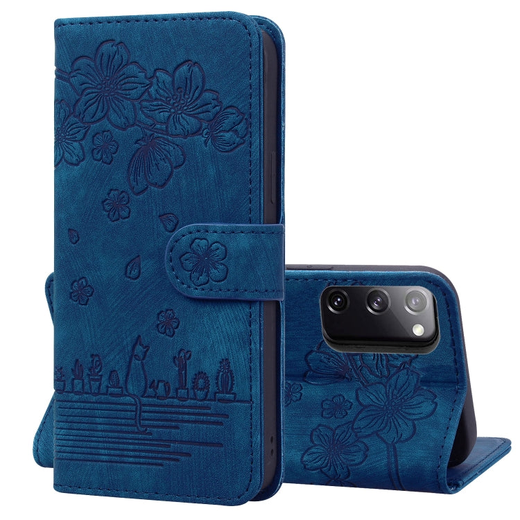 Cartoon Sakura Cat Embossed Leather Phone Case, For Samsung Galaxy S22 5G, For Samsung Galaxy S22+ 5G, For Samsung Galaxy S22 Ultra 5G, For Samsung Galaxy S21 5G, For Samsung Galaxy S21+ 5G, For Samsung Galaxy S21 Ultra 5G                              ...
