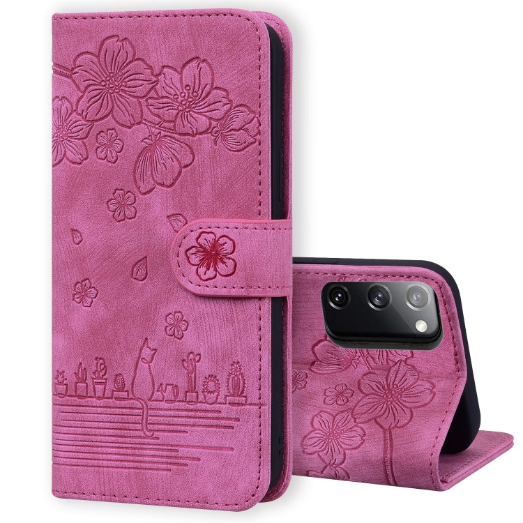Cartoon Sakura Cat Embossed Leather Phone Case, For Samsung Galaxy S22 5G, For Samsung Galaxy S22+ 5G, For Samsung Galaxy S22 Ultra 5G, For Samsung Galaxy S21 5G, For Samsung Galaxy S21+ 5G, For Samsung Galaxy S21 Ultra 5G                              ...