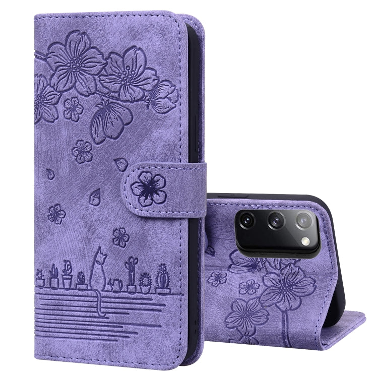 Cartoon Sakura Cat Embossed Leather Phone Case, For Samsung Galaxy S22 5G, For Samsung Galaxy S22+ 5G, For Samsung Galaxy S22 Ultra 5G, For Samsung Galaxy S21 5G, For Samsung Galaxy S21+ 5G, For Samsung Galaxy S21 Ultra 5G                              ...