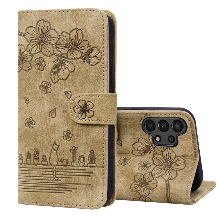 Cartoon Sakura Cat Embossed Leather Phone Case, For Samsung Galaxy S22 5G, For Samsung Galaxy S22+ 5G, For Samsung Galaxy S22 Ultra 5G, For Samsung Galaxy S21 5G, For Samsung Galaxy S21+ 5G, For Samsung Galaxy S21 Ultra 5G                              ...