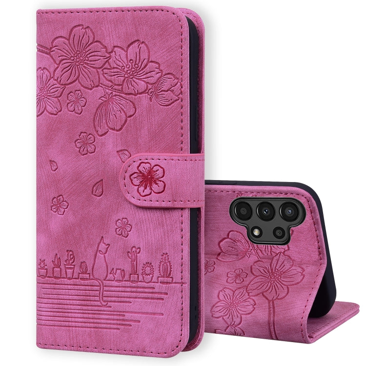 Cartoon Sakura Cat Embossed Leather Phone Case, For Samsung Galaxy S22 5G, For Samsung Galaxy S22+ 5G, For Samsung Galaxy S22 Ultra 5G, For Samsung Galaxy S21 5G, For Samsung Galaxy S21+ 5G, For Samsung Galaxy S21 Ultra 5G                              ...